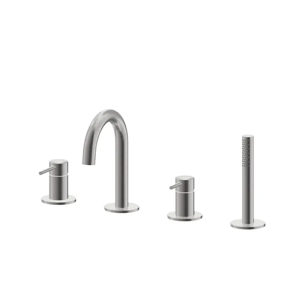 Complete bath-rim mixer set in brushed stainless steel