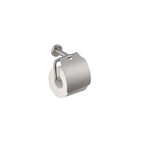 Wall-mounted roll holder with stainless steel lid.