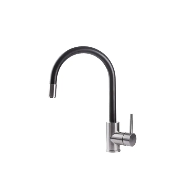 Stainless steel sink mixer with black round swivel spout