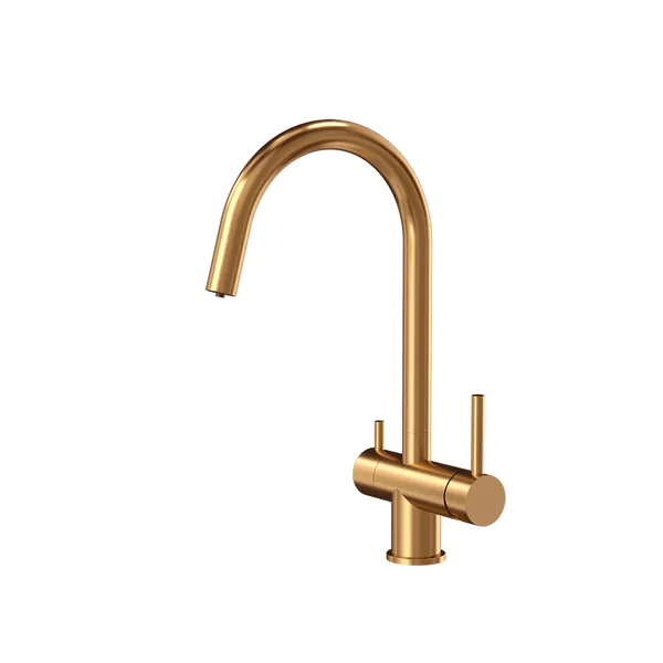 3-way kitchen sink mixer tap with round spout in copper PVD