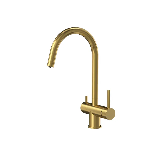 3-way kitchen sink mixer tap with round spout in gold PVD