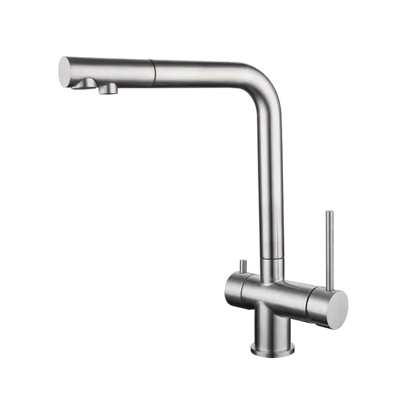 Three-way kitchen sink mixer with straight stainless steel barrel