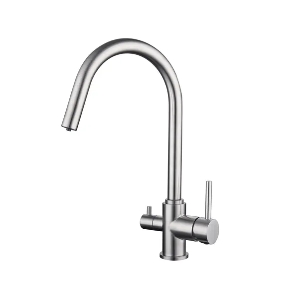 Three-way kitchen sink mixer with round stainless steel barrel
