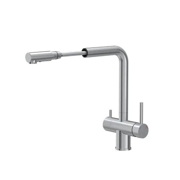 3-way kitchen sink mixer in stainless steel with pull-out spray