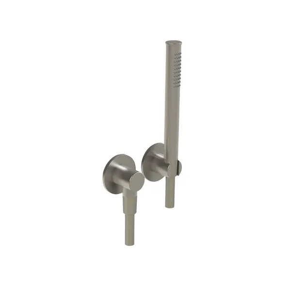 Shower set in 316L stainless steel, with hand shower with long flexible hose, water inlet and shower holder.