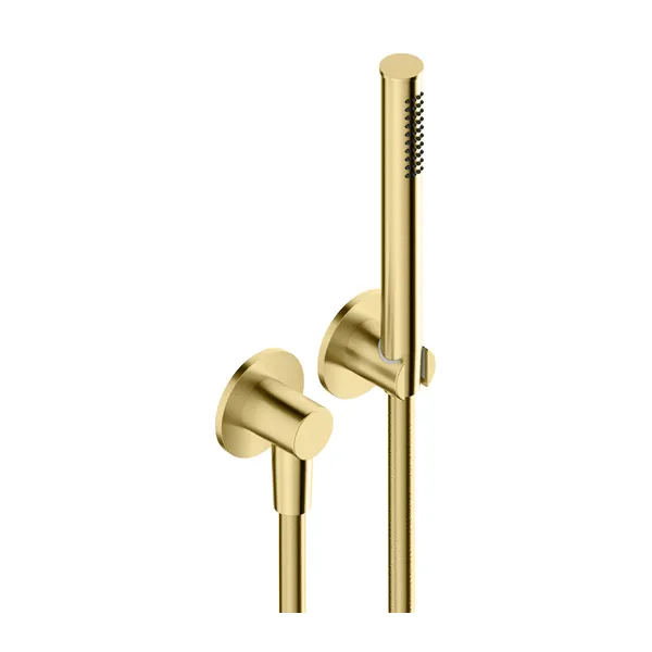 Shower set in 316L stainless steel, with hand shower with long flexible hose, water inlet and shower holder.