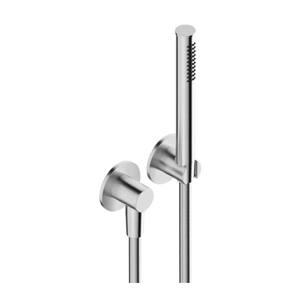 Shower set in 316L stainless steel, with hand shower with long flexible hose, water inlet and shower holder.