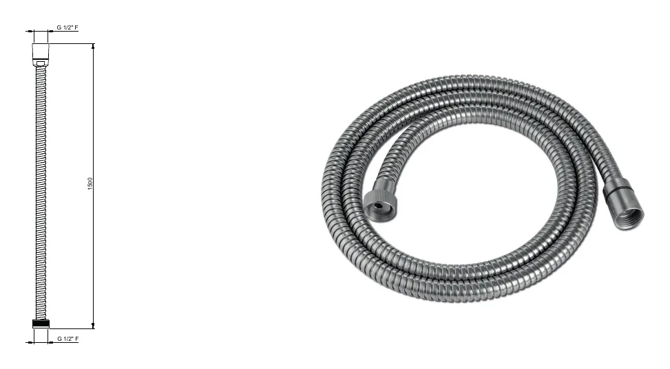 Stainless steel hose technical drawing with dimensions