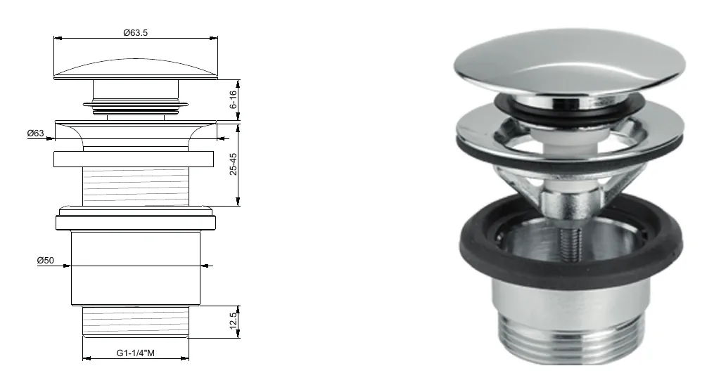 1 ”1/4 drain with push button in stainless steel technical drawing with dimensions