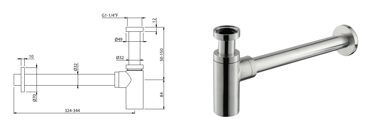 Exposed washbasin siphon in stainless steel technical drawing with dimensions