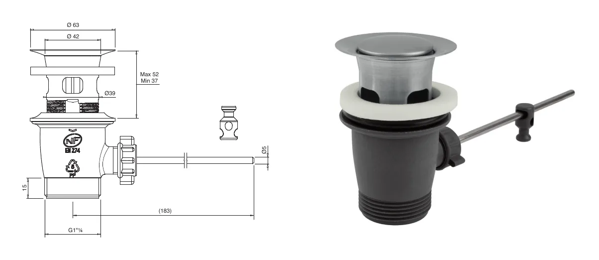 1"1/4 drain with pop-up drain technical drawing with dimensions