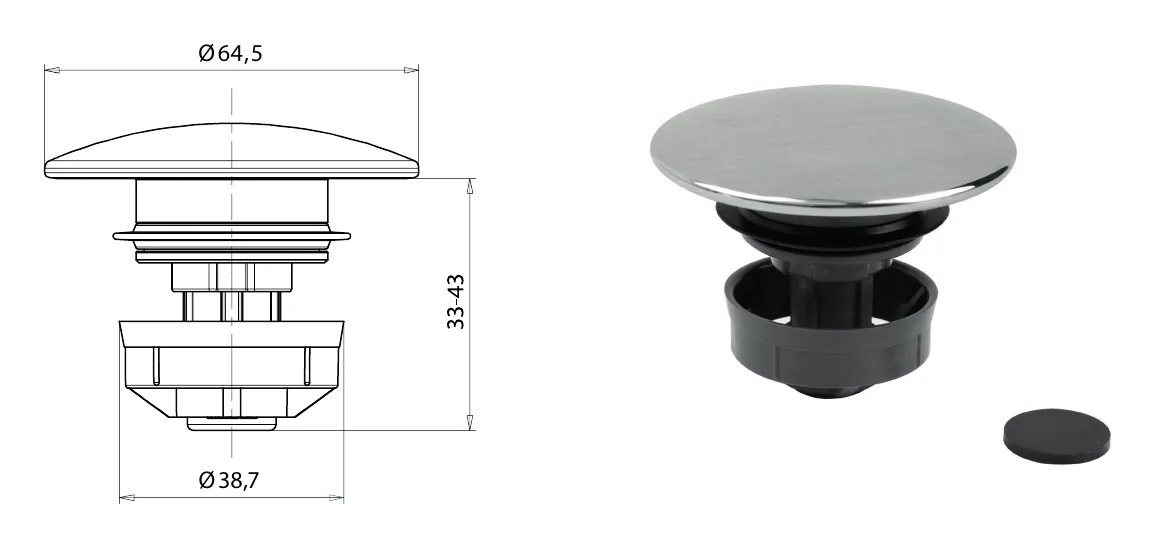 Universal kit for automatic stainless steel push-button drain technical drawing with dimensions