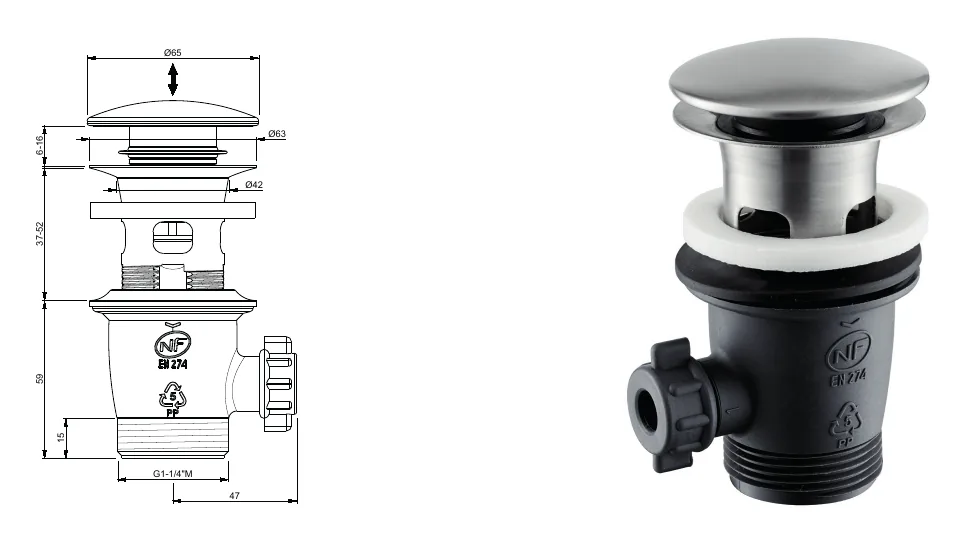 1"1/4 drain with push-button drain technical drawing with dimensions