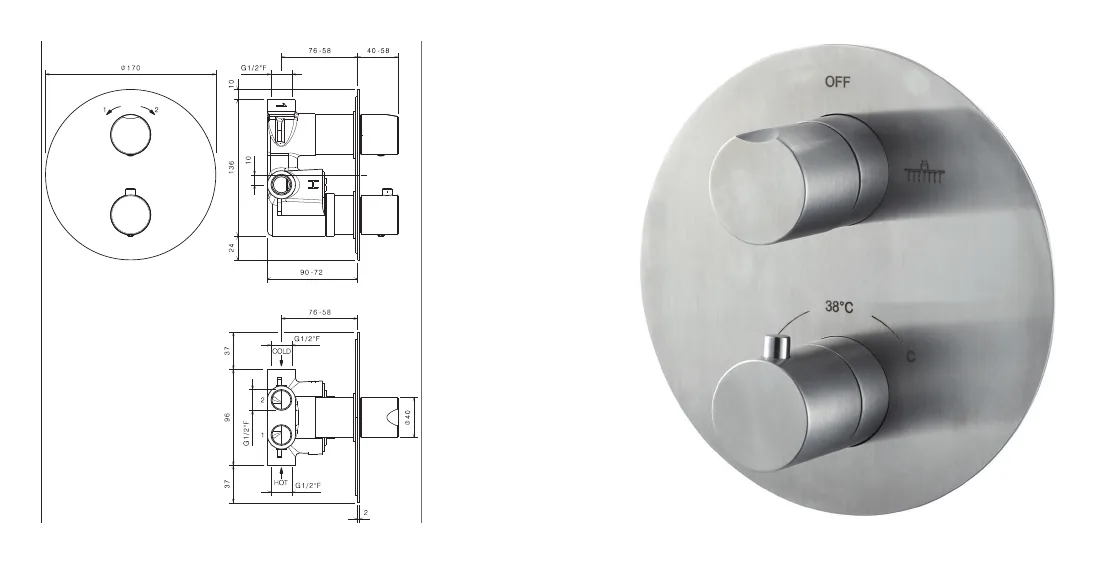 Thermostatic shower mixer in stainless steel technical drawing with dimensions