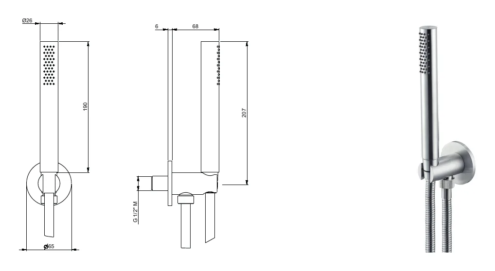 Round water inlet unit with hand shower, support and hose in stainless steel technical drawing with dimensions
