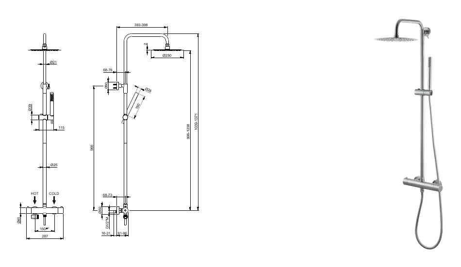 Stainless steel wall-mounted shower column technical drawing with dimensions