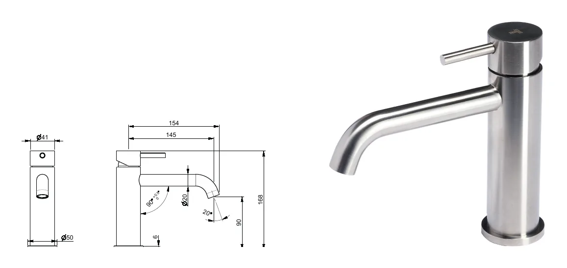 Washbasin mixer without waste in satin stainless steel technical drawing with dimensions