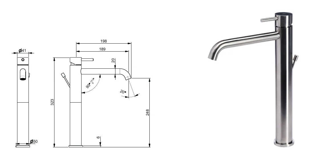 Tall basin mixer with satin stainless steel drain technical drawing with dimensions