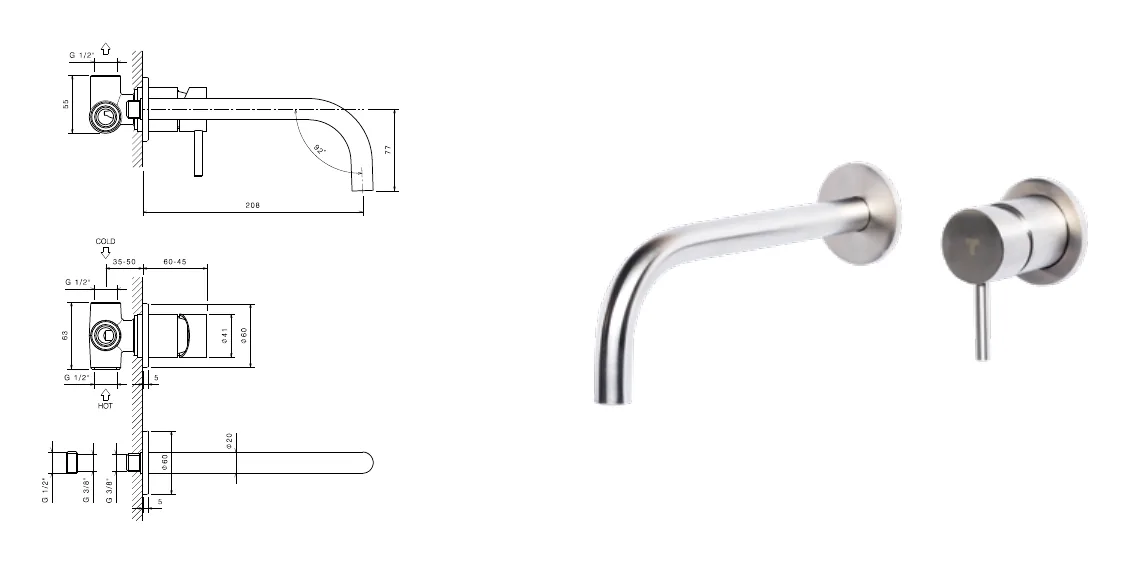 Built-in mixer set for washbasin in satin stainless steel technical drawing with dimensions