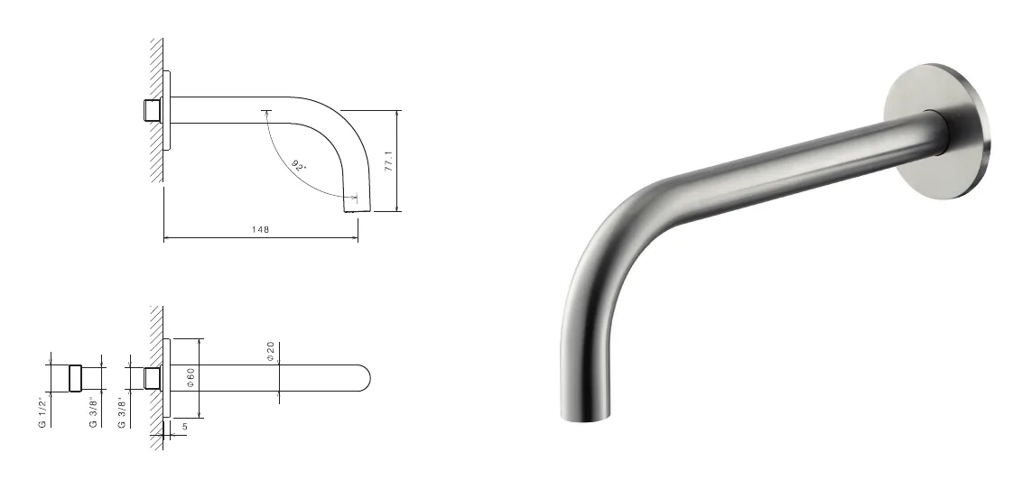 Wall spout for 150 mm washbasin in stainless steel technical drawing with dimensions