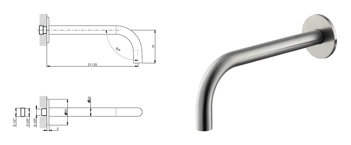 Wall spout for 210 mm washbasin in stainless steel technical drawing with dimensions