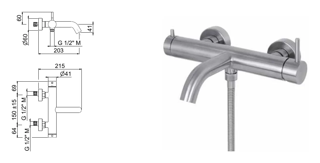 External mixer for bathtub and shower in stainless steel technical drawing with dimensions
