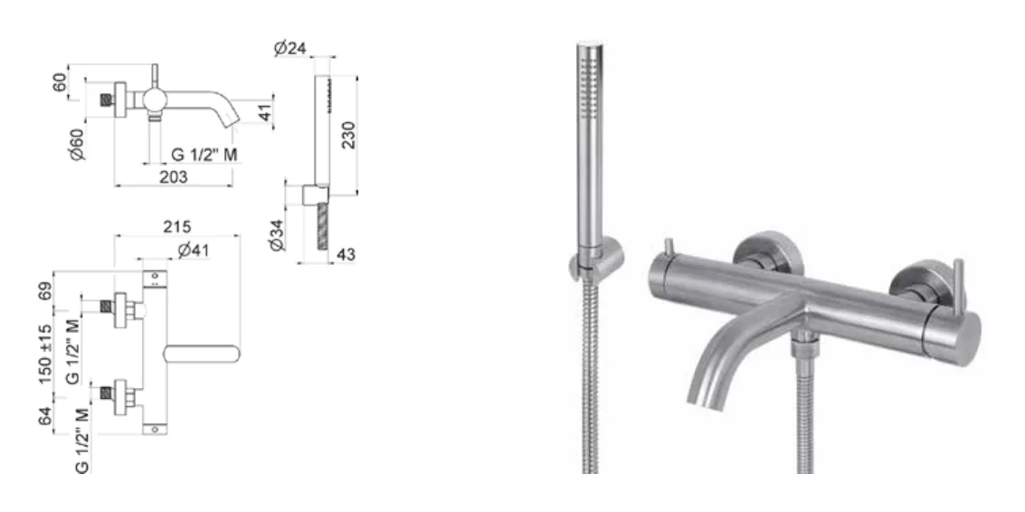 External bath group in satin stainless steel technical drawing with dimensions