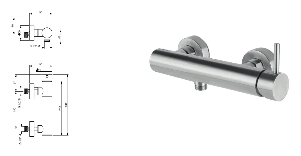 Single lever shower mixer for exposed fitting in AISI 304 stainless steel technical drawing with dimensions