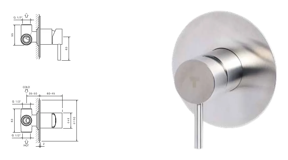 Built-in shower mixer in satin stainless steel technical drawing with dimensions