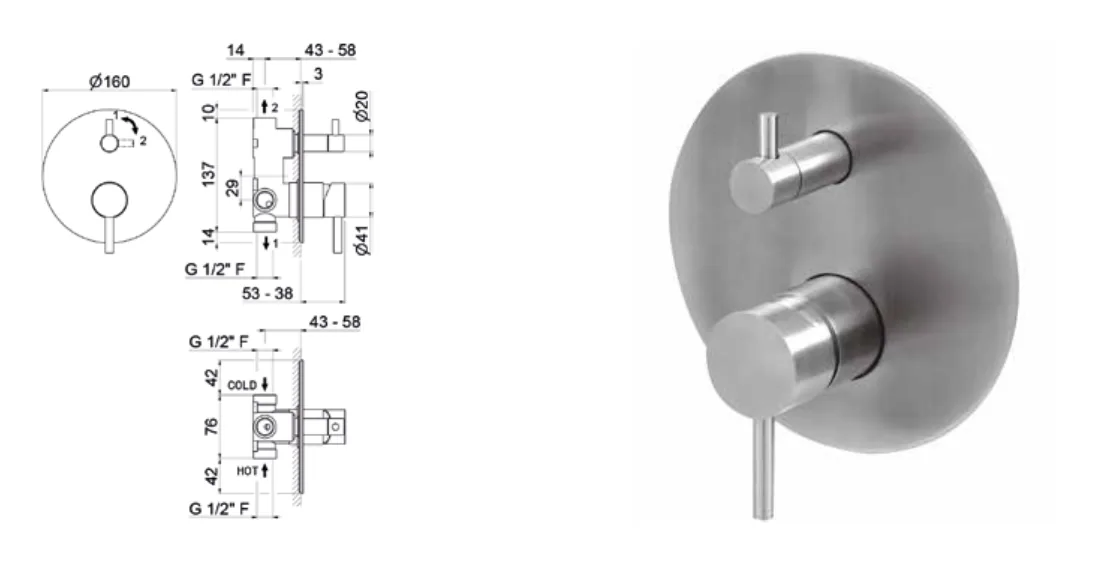Built-in shower mixer with diverter in satin stainless steel technical drawing with dimensions