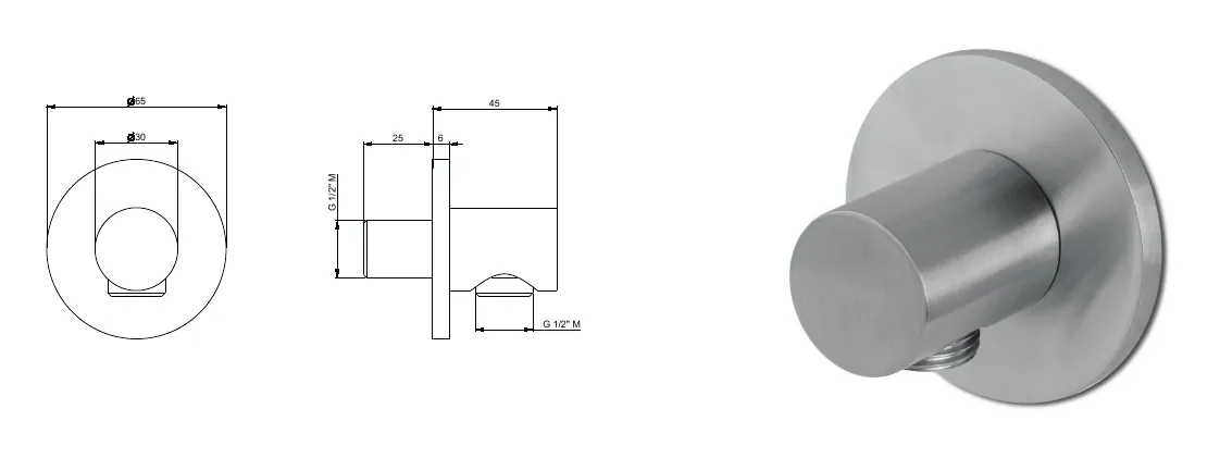 1/2" stainless steel wall mounted water inlet technical drawing with dimensions
