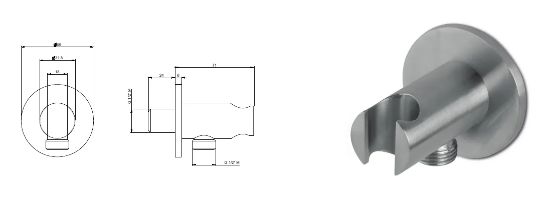 Water inlet with stainless steel hand shower holder technical drawing with dimensions