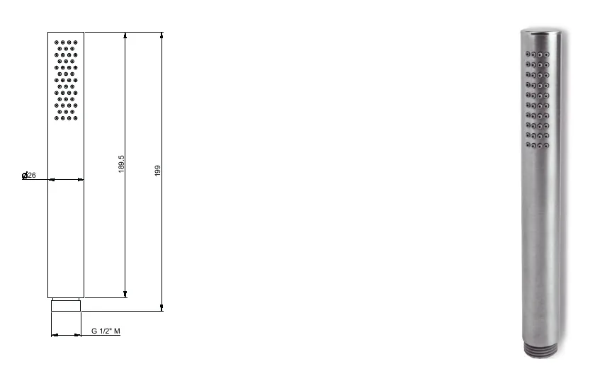 Single-jet stainless steel hand shower technical drawing with dimensions