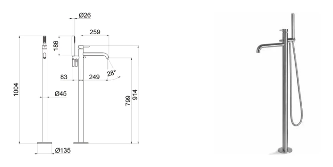 Freestanding mixer for bathtub in satin stainless steel technical drawing with dimensions