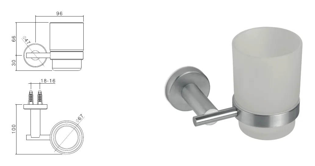 Support with stainless steel wall cup technical drawing with dimensions