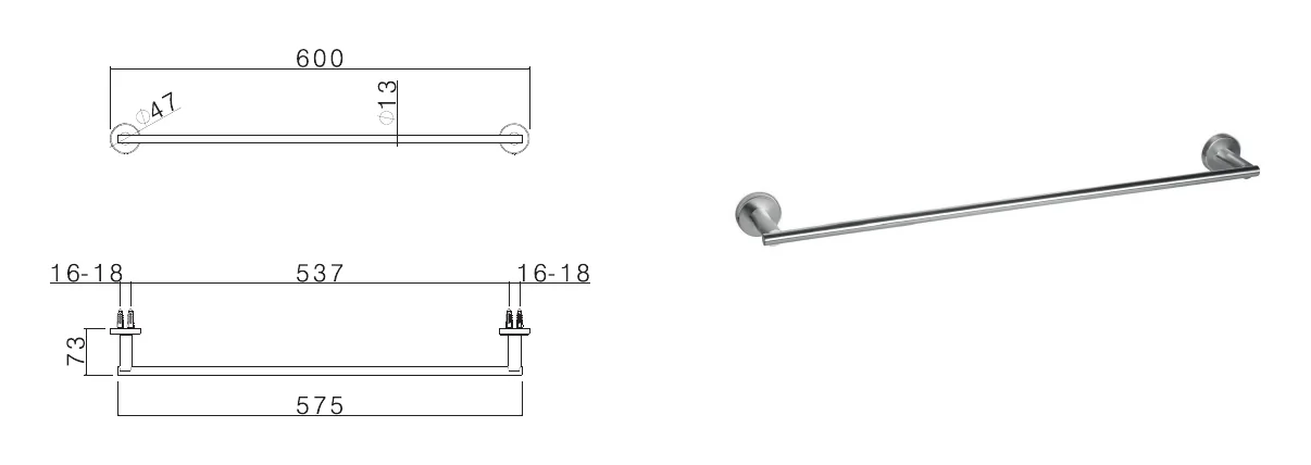 600 mm stainless steel towel holder technical drawing with dimensions