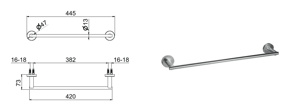 400 mm stainless steel towel holder technical drawing with dimensions