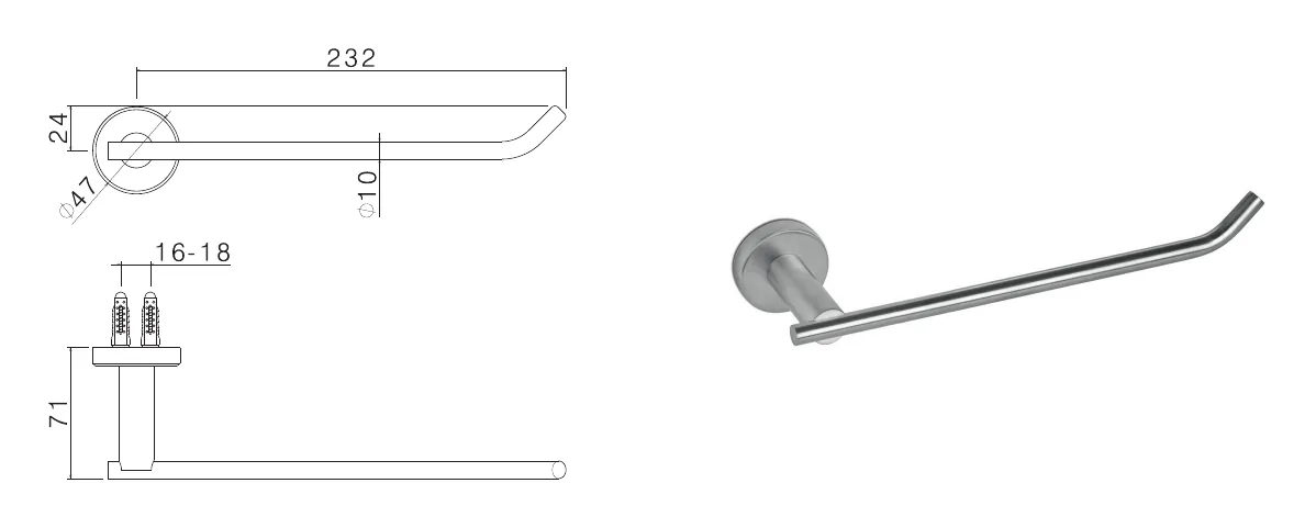 Open stainless steel towel rail technical drawing with dimensions