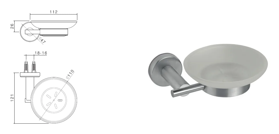 Stainless steel wall-mounted soap dish technical drawing with dimensions