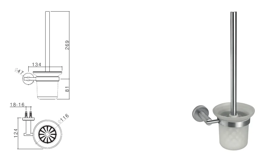 Complete wall-mounted toilet brush holder in stainless steel technical drawing with dimensions