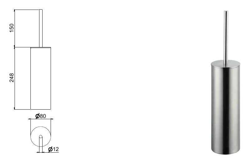 Stainless steel toilet brush holder technical drawing with dimensions