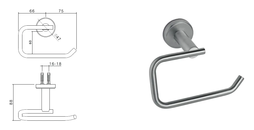 Open stainless steel wall-mounted roll holder technical drawing with dimensions