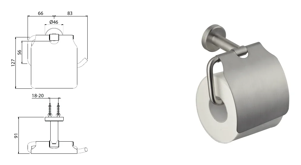 Wall-mounted roll holder with stainless steel lid. technical drawing with dimensions