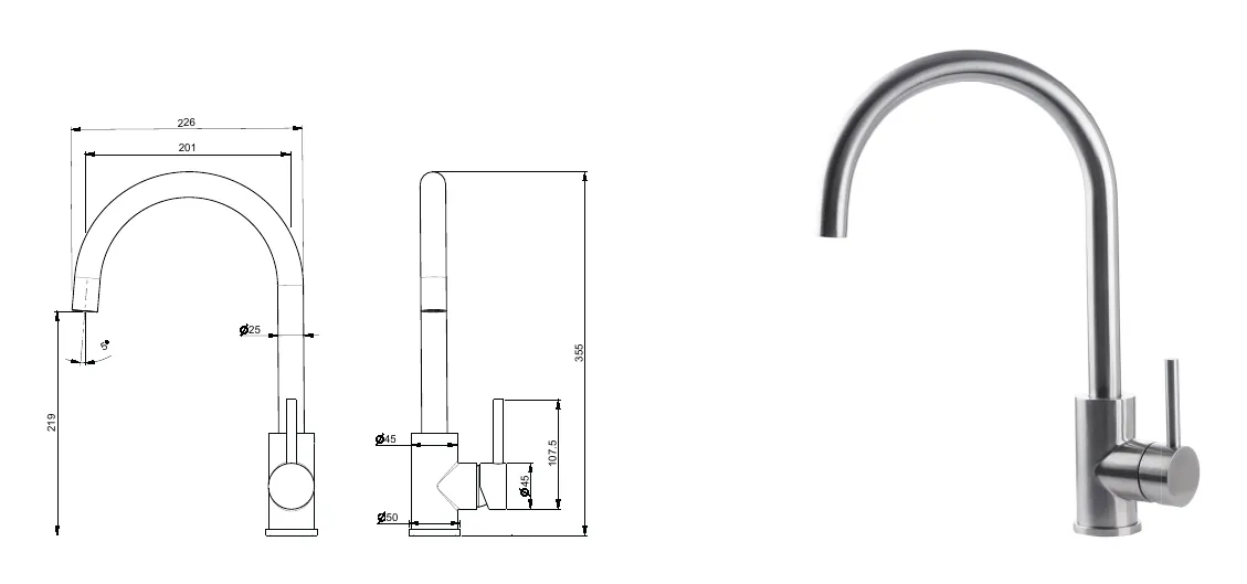 Sink mixer with round rotating stainless steel spout technical drawing with dimensions