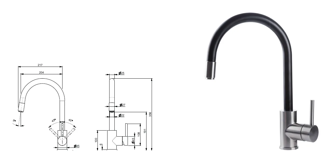 Stainless steel sink mixer with black round swivel spout technical drawing with dimensions
