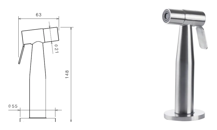 Dishwasher shower with stainless steel holder technical drawing with dimensions