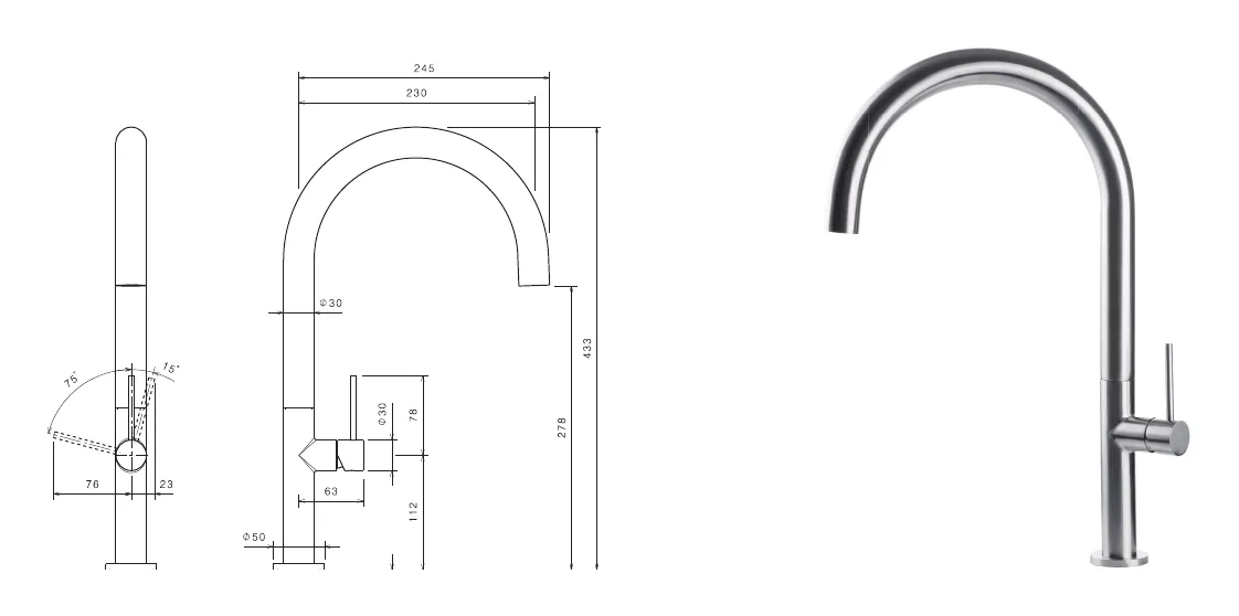 Sink mixer with round rotating stainless steel spout technical drawing with dimensions