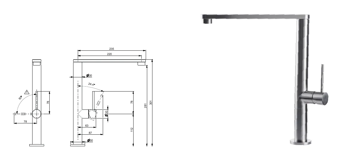 Sink mixer with flat stainless steel spout technical drawing with dimensions