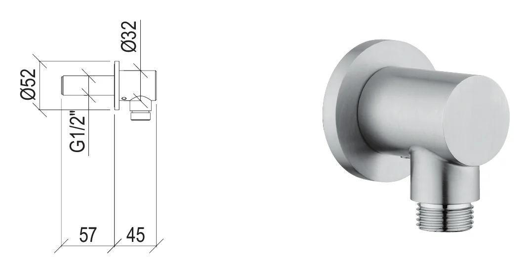 G1/2" round water inlet in 316L stainless steel technical drawing with dimensions