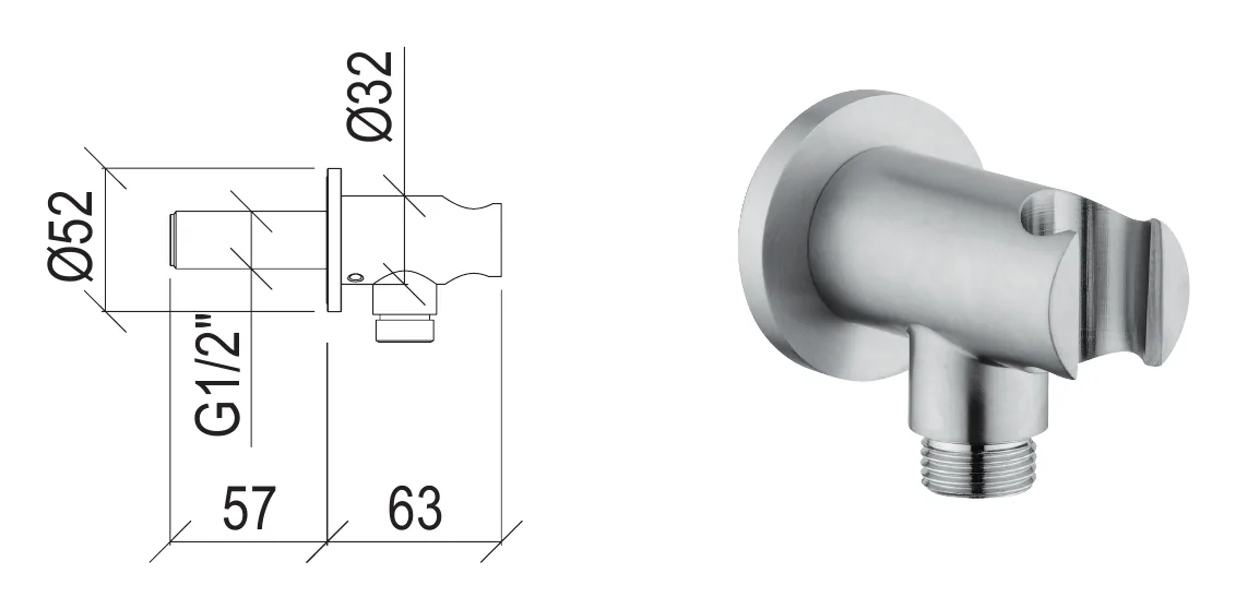 G1/2" round water inlet with fixed shower support in 316L stainless steel technical drawing with dimensions